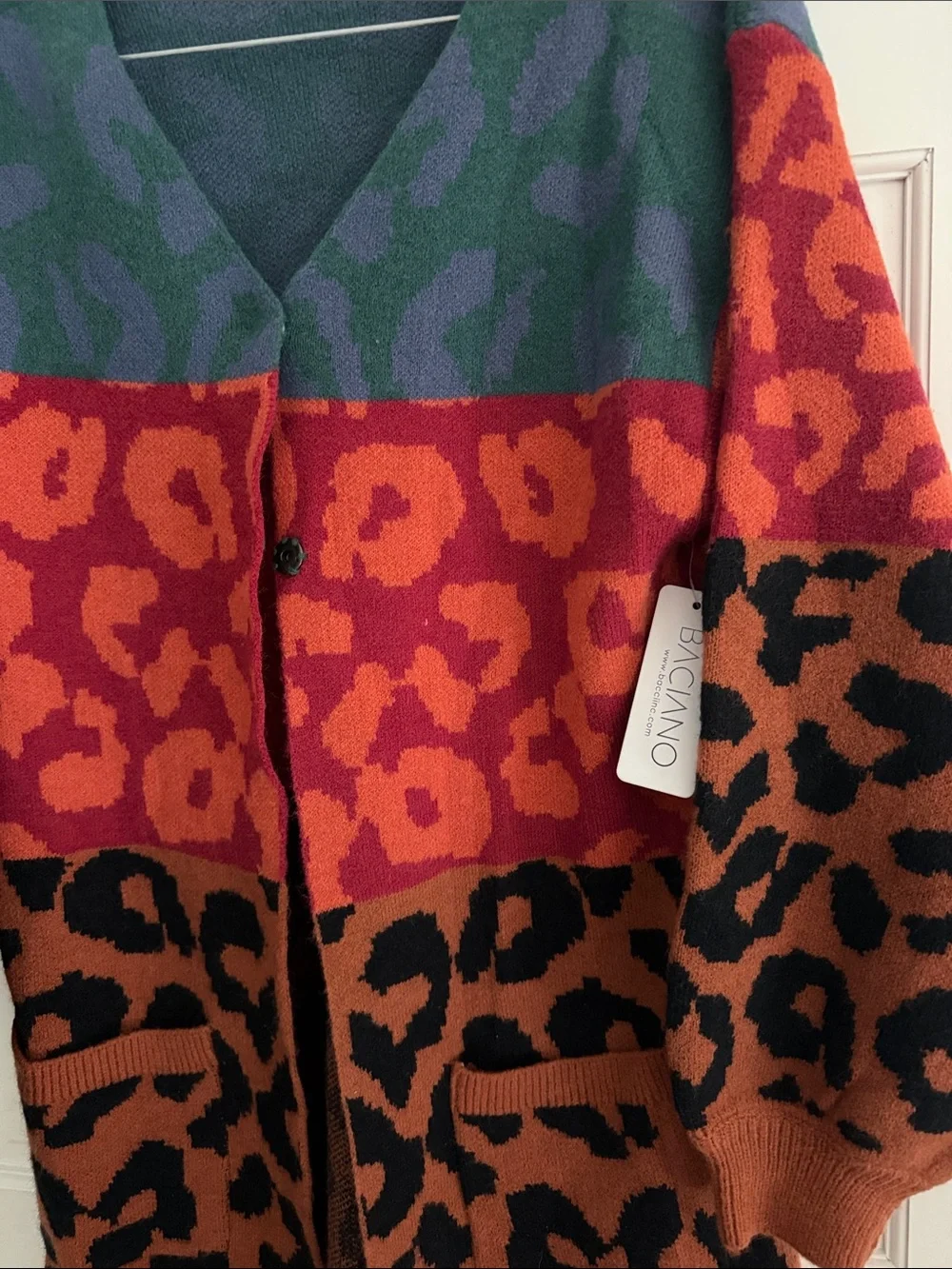 NWT Baciano Multicolor Leopard-Print Open Cardigan - Green, Red, Rust, Black